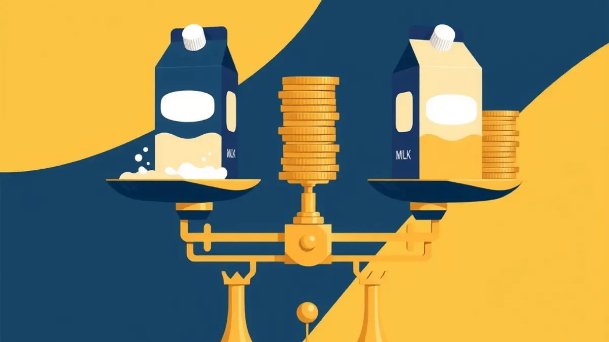 Ilustracija dva ista pakovanja mleka na vagi sa novčićima